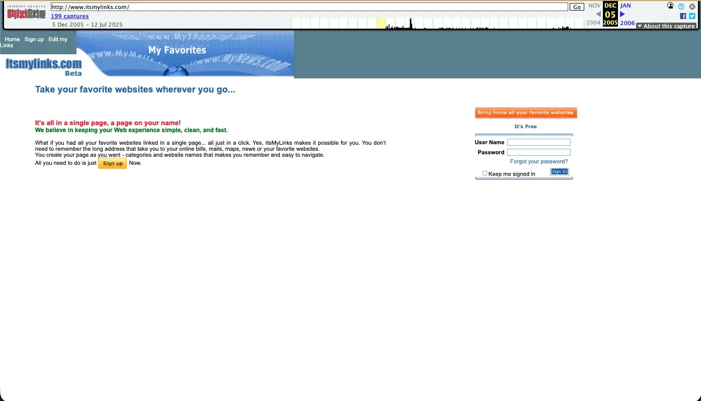 Internet Archive capture of itsmylinks.com from December 5, 2005 showing the beta personal link page