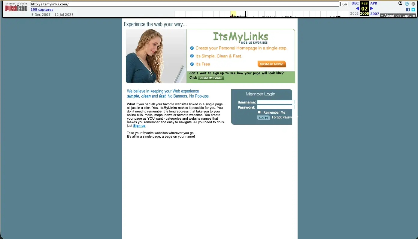 Internet Archive capture of the itsmylinks.com homepage from February 2, 2006
