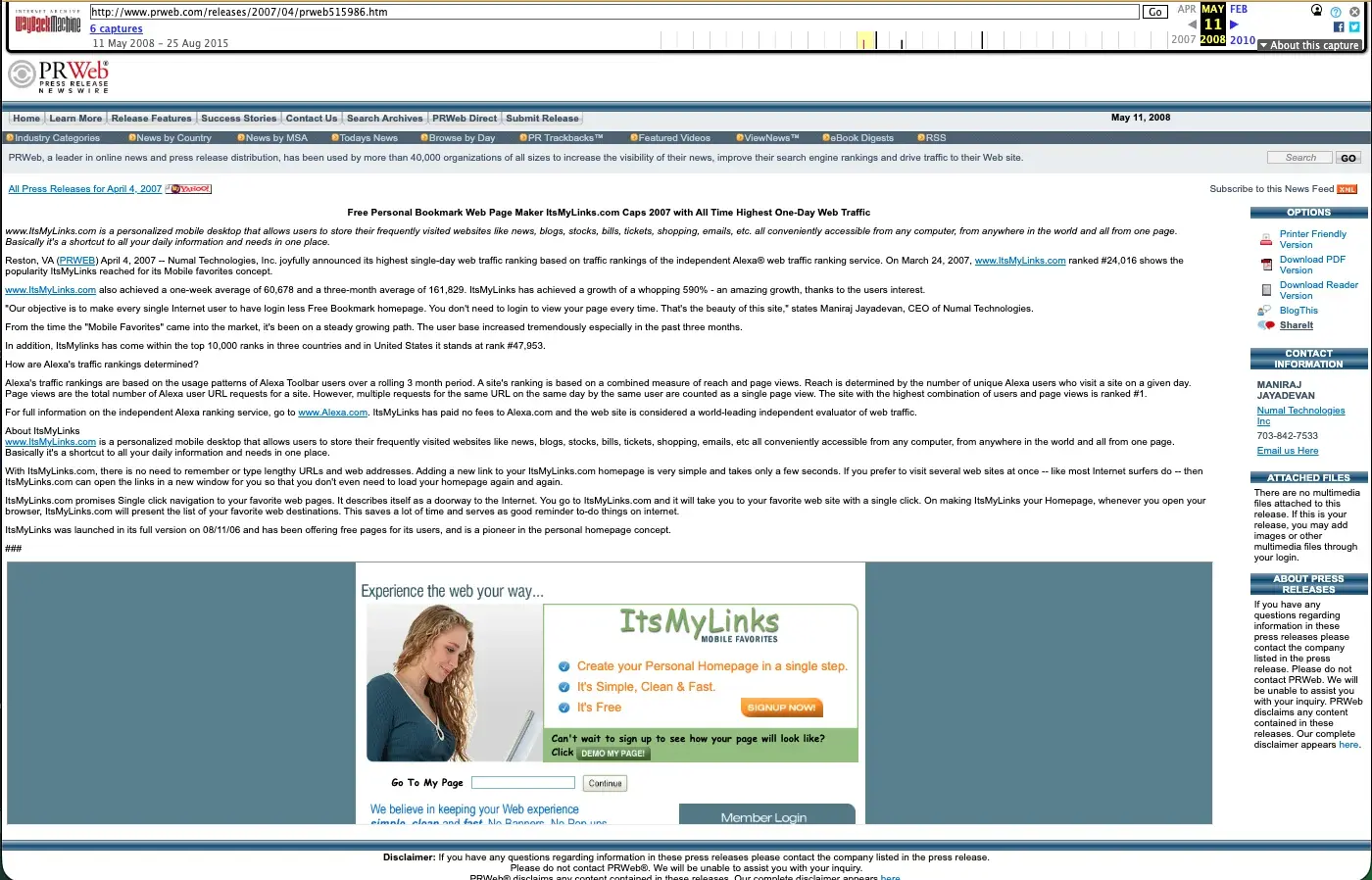 April 2007 PRWeb press release reporting ItsMyLinks traffic and Alexa ranking
