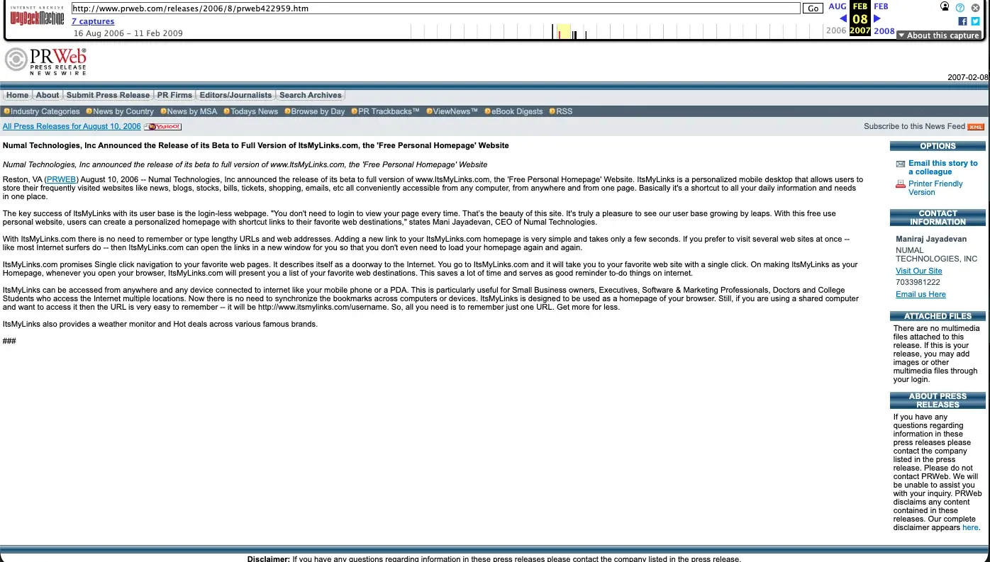 August 10, 2006 PRWeb press release announcing the ItsMyLinks full version launch