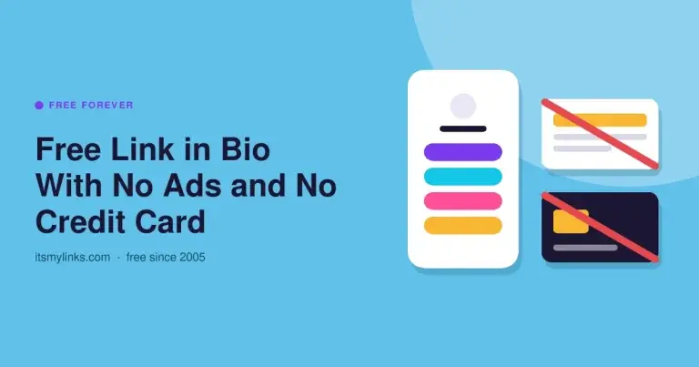 Link page beside a crossed-out ad and a crossed-out credit card